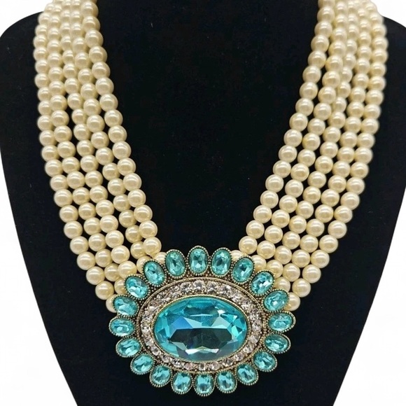 Heidi Daus Dazzling Delight 5 Row Aquamarine Crystal Beaded Necklace, Faux Pearl - Picture 1 of 7